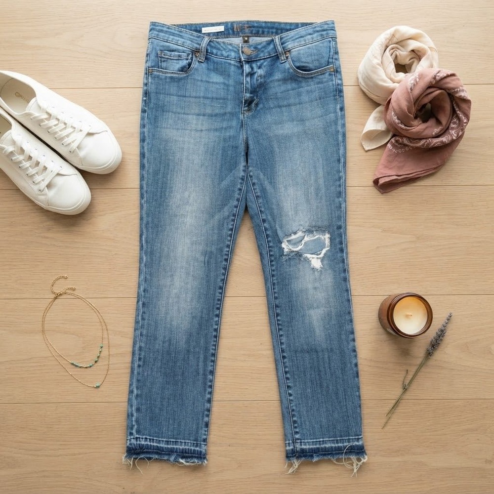 KUT from the Kloth Reese Ankle Straight Leg Jeans Blue Distressed Raw Hem Size 8